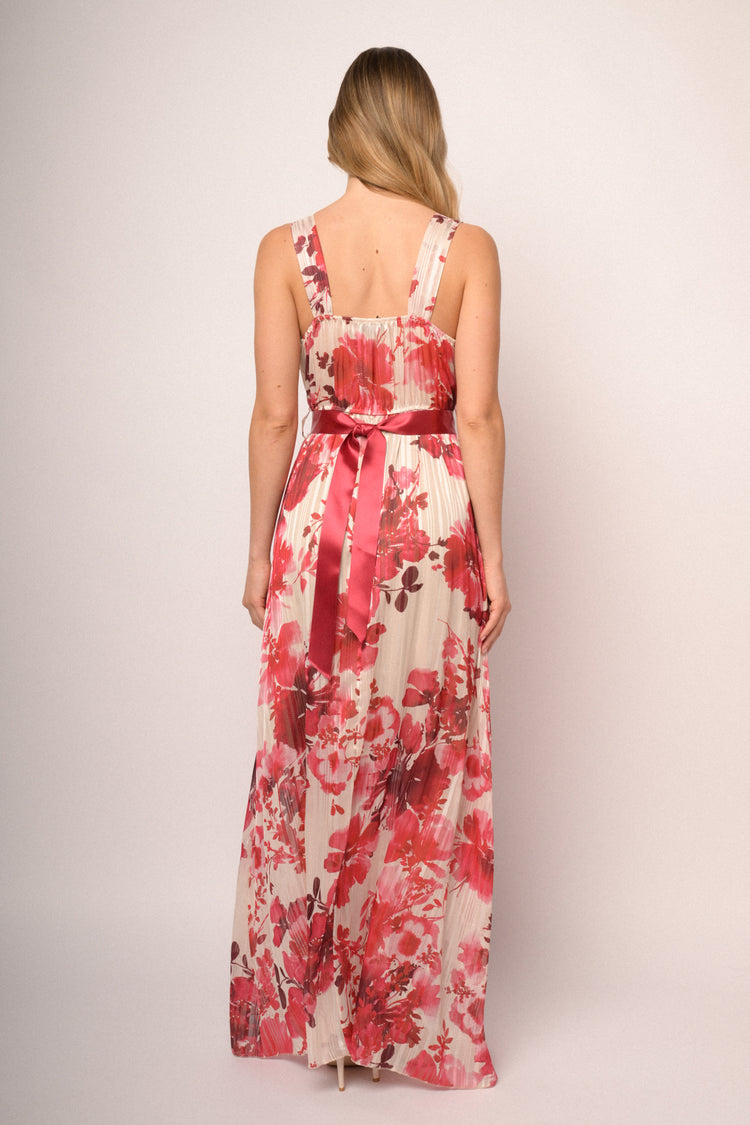 Multicolor floral print belted long dress