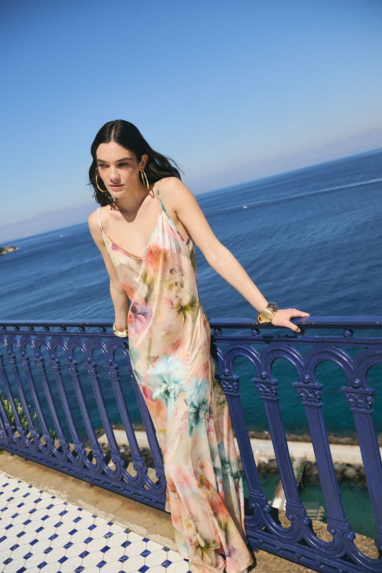Multicolor floral print sating long dress