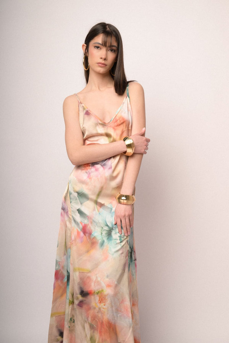 Multicolor floral print sating long dress