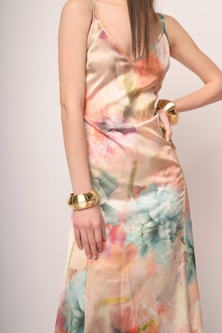Multicolor floral print sating long dress