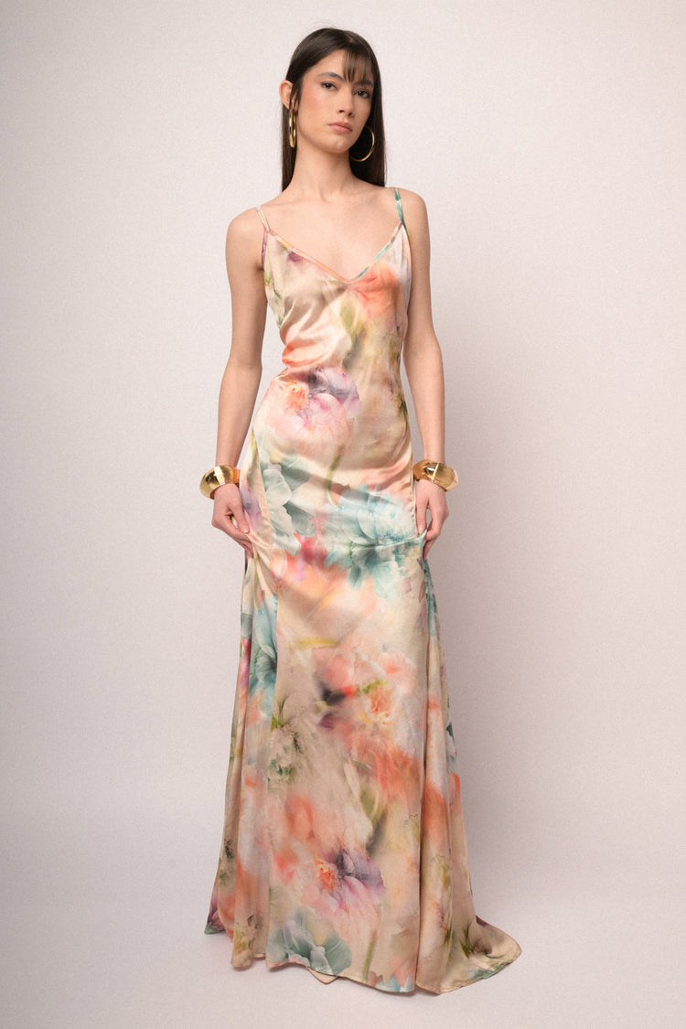 Multicolor floral print sating long dress