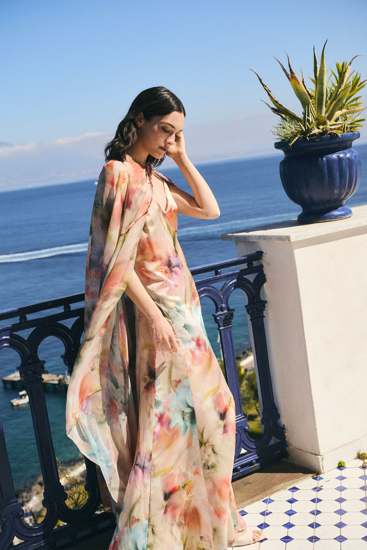 Multicolor floral print chiffon maxi cape