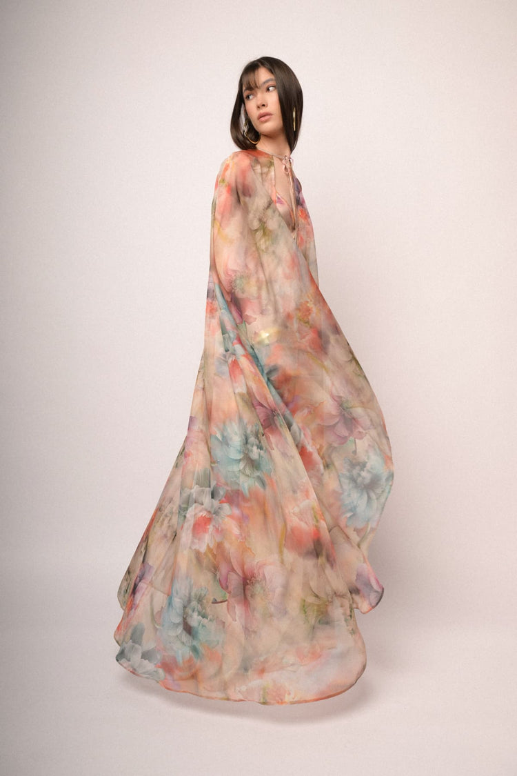 Multicolor floral print chiffon maxi cape