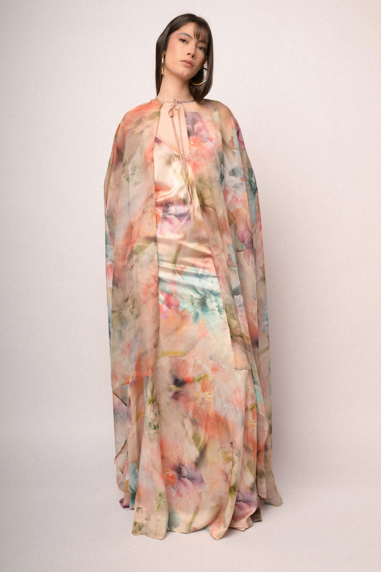 Multicolor floral print chiffon maxi cape