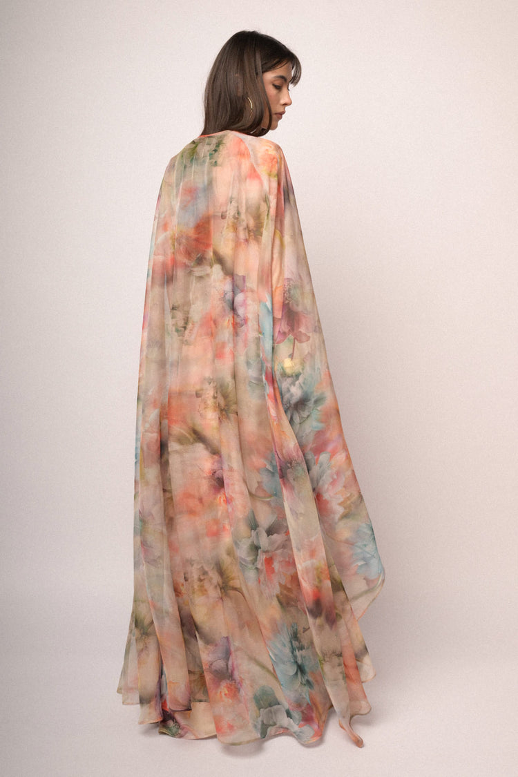 Multicolor floral print chiffon maxi cape