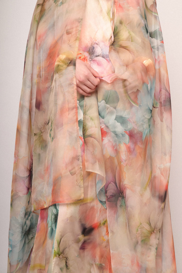 Multicolor floral print chiffon maxi cape