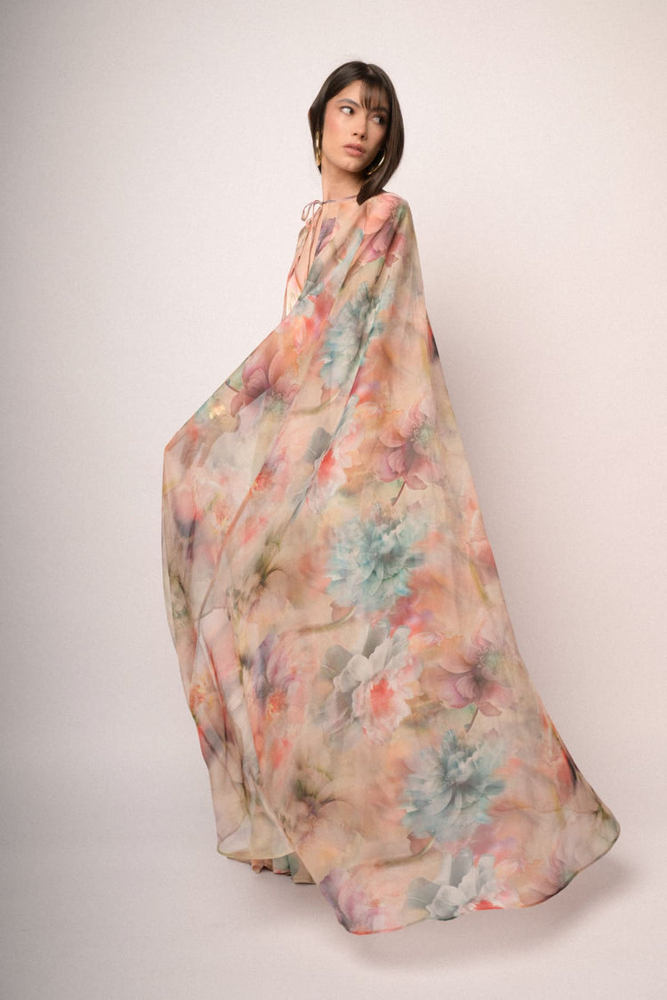 Multicolor floral print chiffon maxi cape