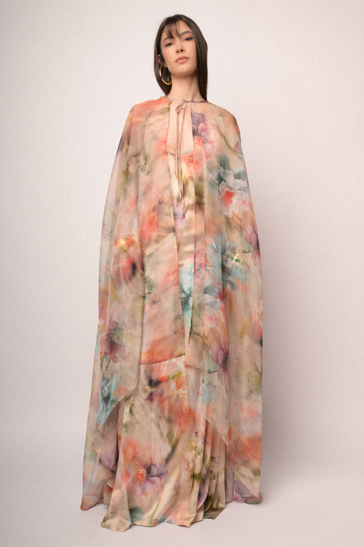 Multicolor floral print chiffon maxi cape