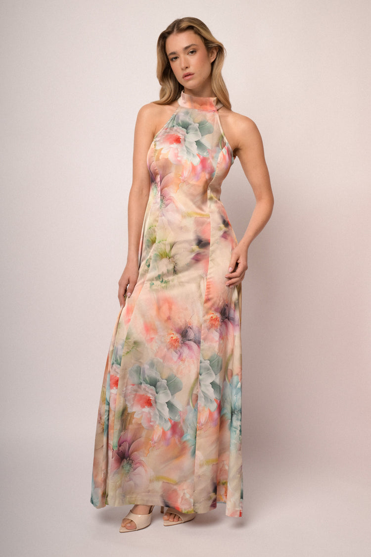 Multicolor floral print satin long halter dress