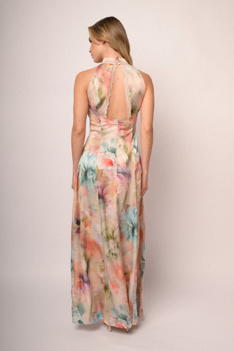 Multicolor floral print satin long halter dress