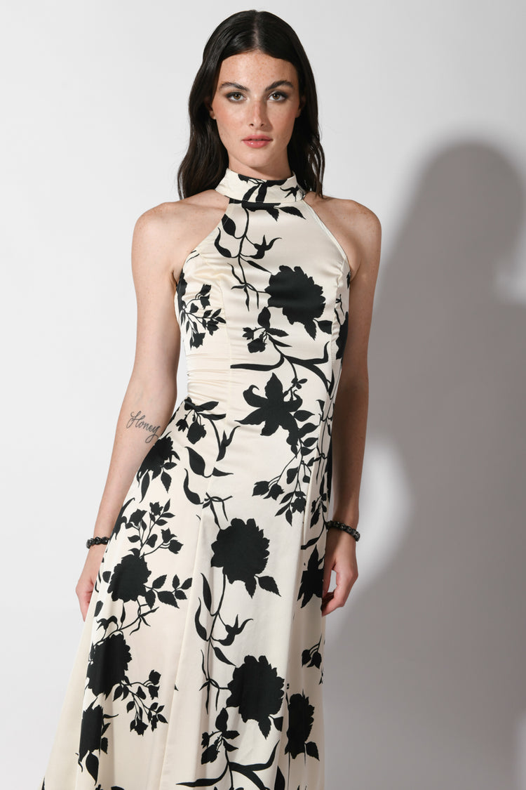 Floral print satin long dress