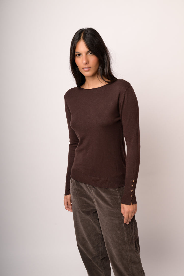 Chocolate brown basic crew-neck sweater with gold-tone buttons