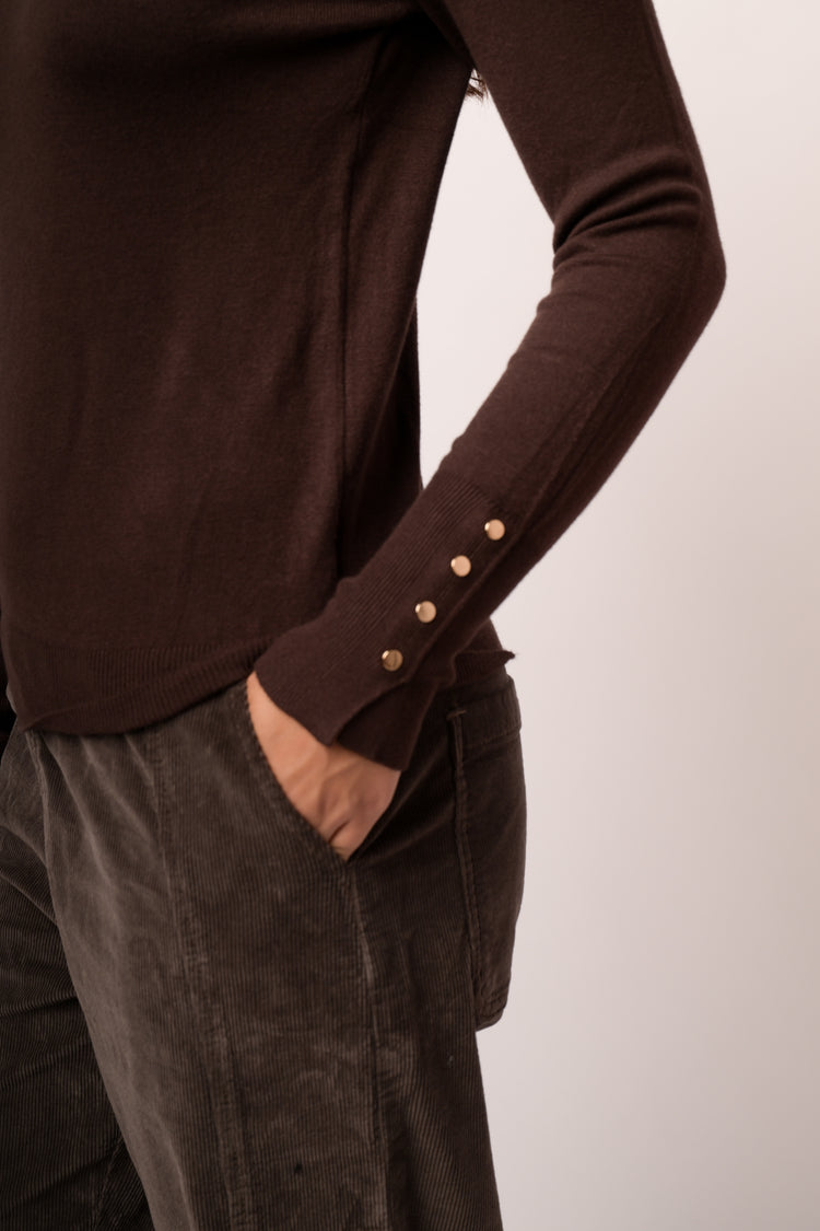 Chocolate brown basic crew-neck sweater with gold-tone buttons