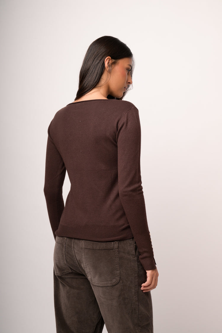 Chocolate brown basic crew-neck sweater with gold-tone buttons