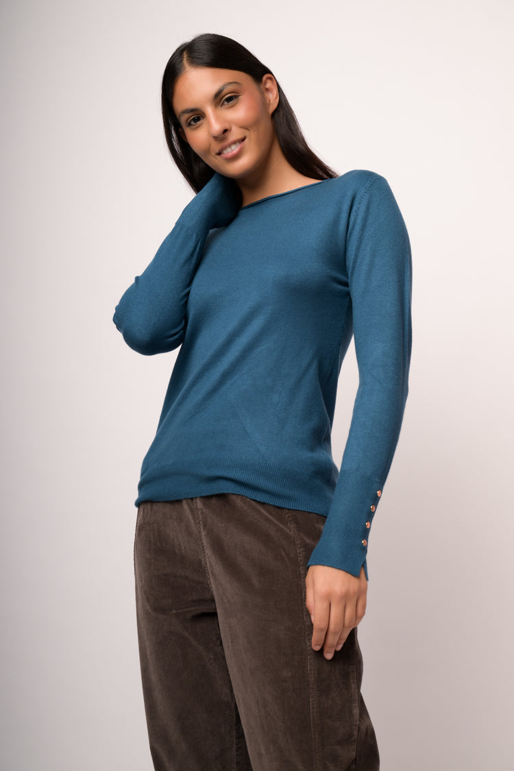 Petrol blue basic crew-neck sweater with gold-tone buttons