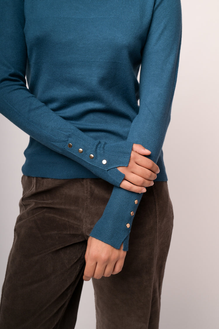 Petrol blue basic crew-neck sweater with gold-tone buttons