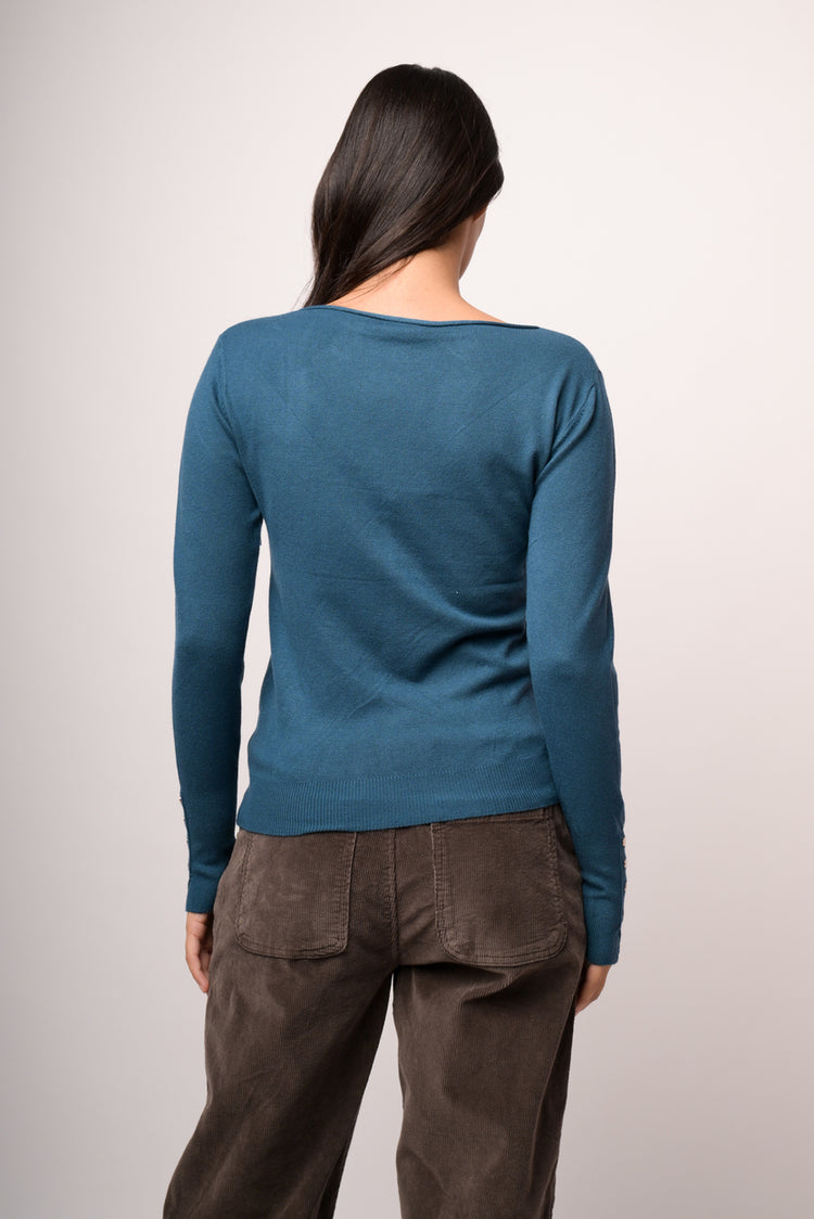 Petrol blue basic crew-neck sweater with gold-tone buttons