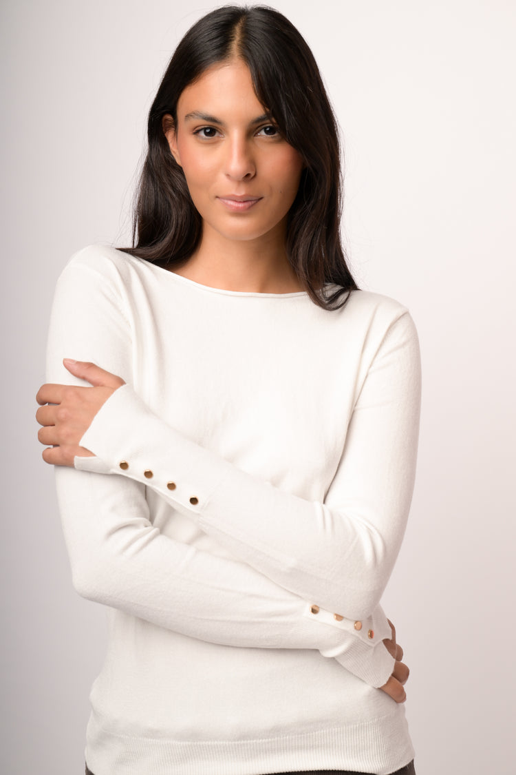 Ivory basic crew-neck sweater with gold-tone buttons