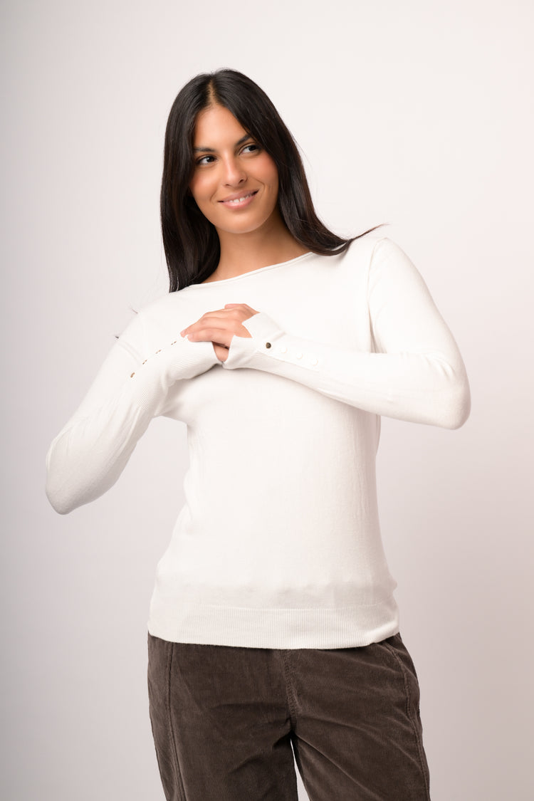 Ivory basic crew-neck sweater with gold-tone buttons