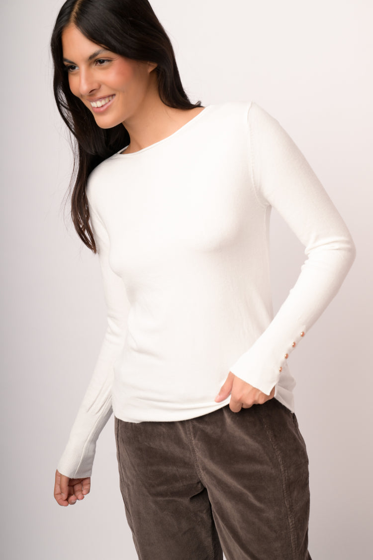 Ivory basic crew-neck sweater with gold-tone buttons