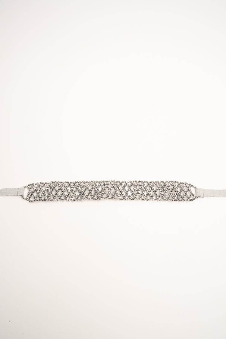 Silver-tone bead and lurex grosgrain jewel belt