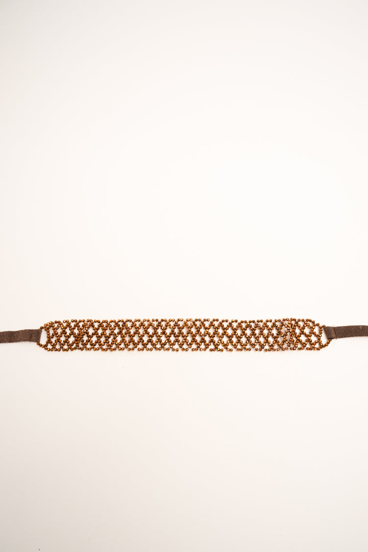 Brown bead and lurex grosgrain jewel belt