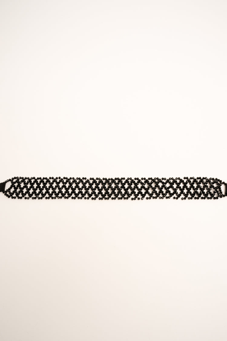 Black bead and lurex grosgrain jewel belt