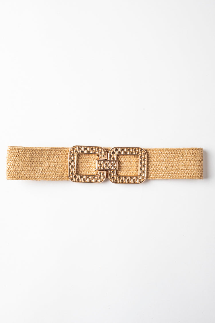 Double buckle raffia-effect belt