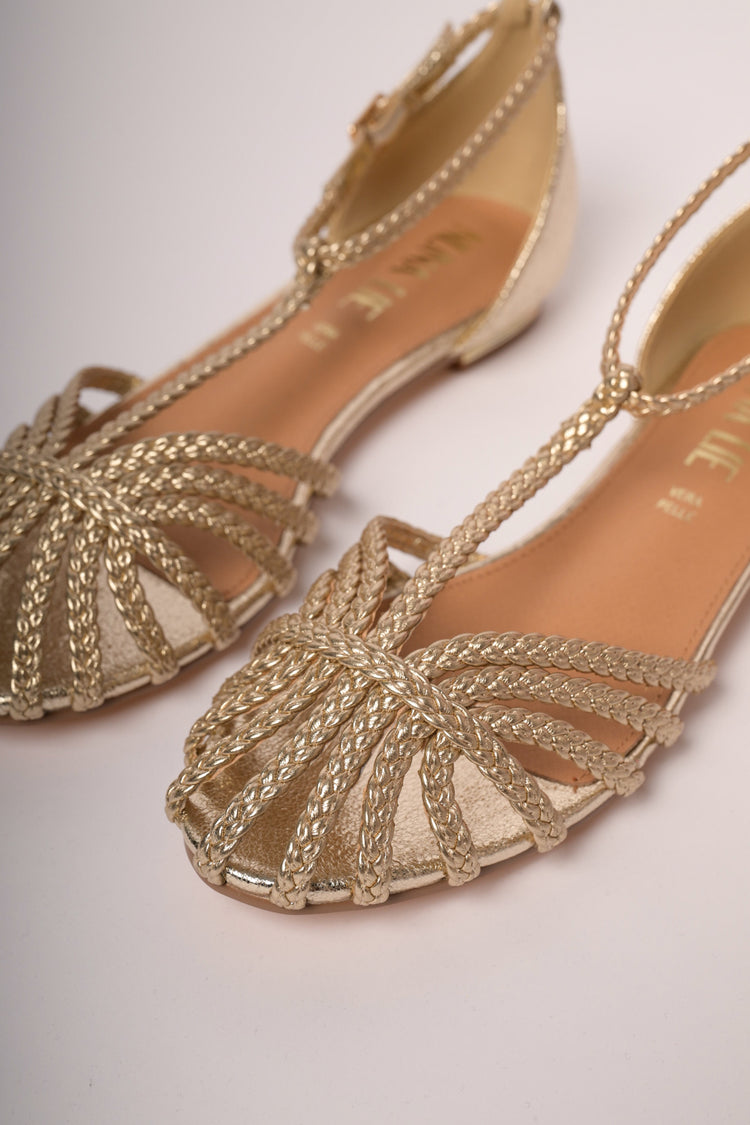 Golden woven straps flat sandals