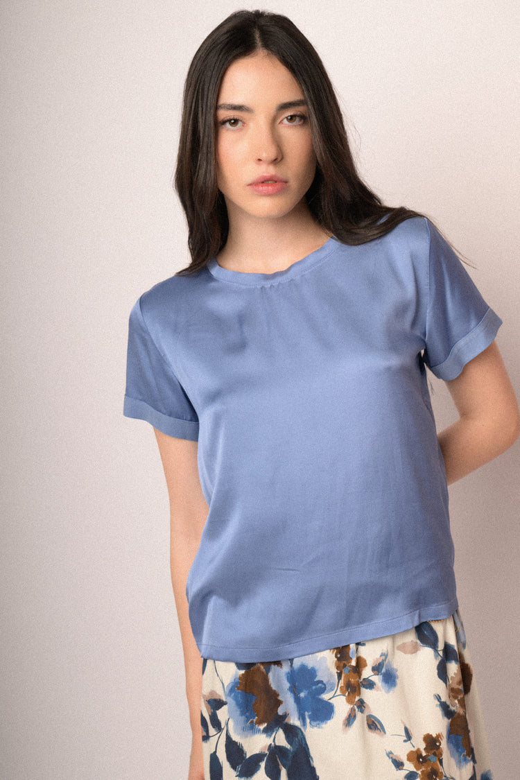 Sky blue viscose satin t-shirt