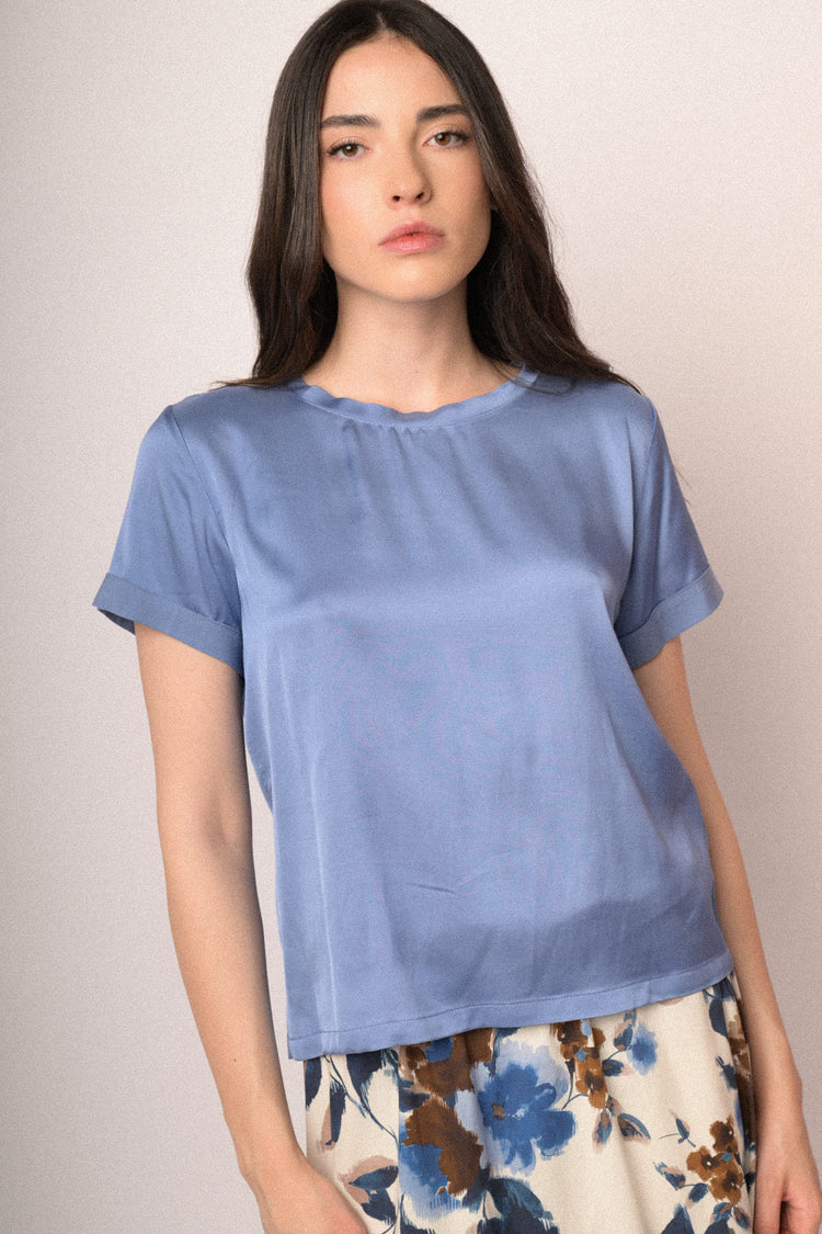 Sky blue viscose satin t-shirt