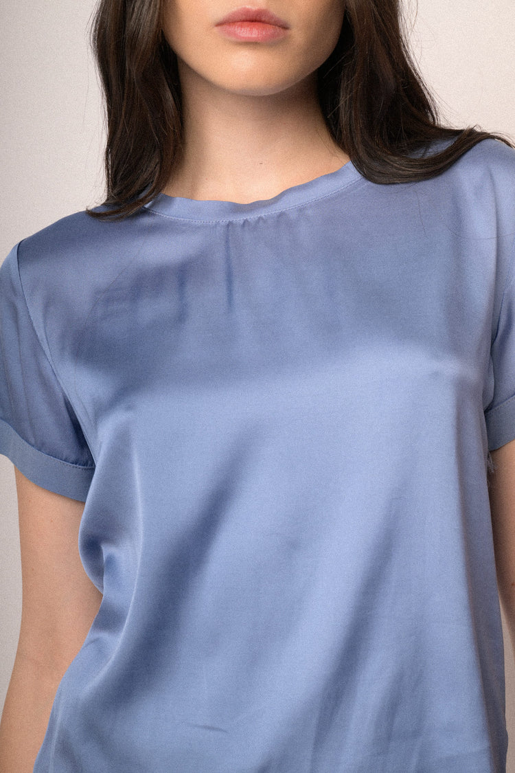 Sky blue viscose satin t-shirt