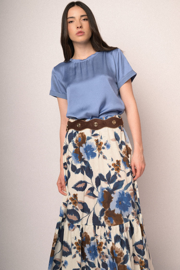 Sky blue viscose satin t-shirt