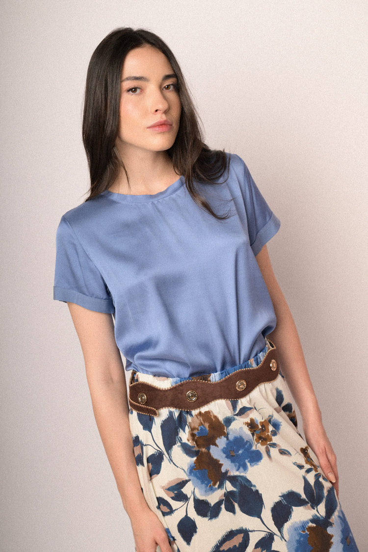 Sky blue viscose satin t-shirt