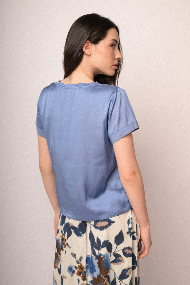 Sky blue viscose satin t-shirt