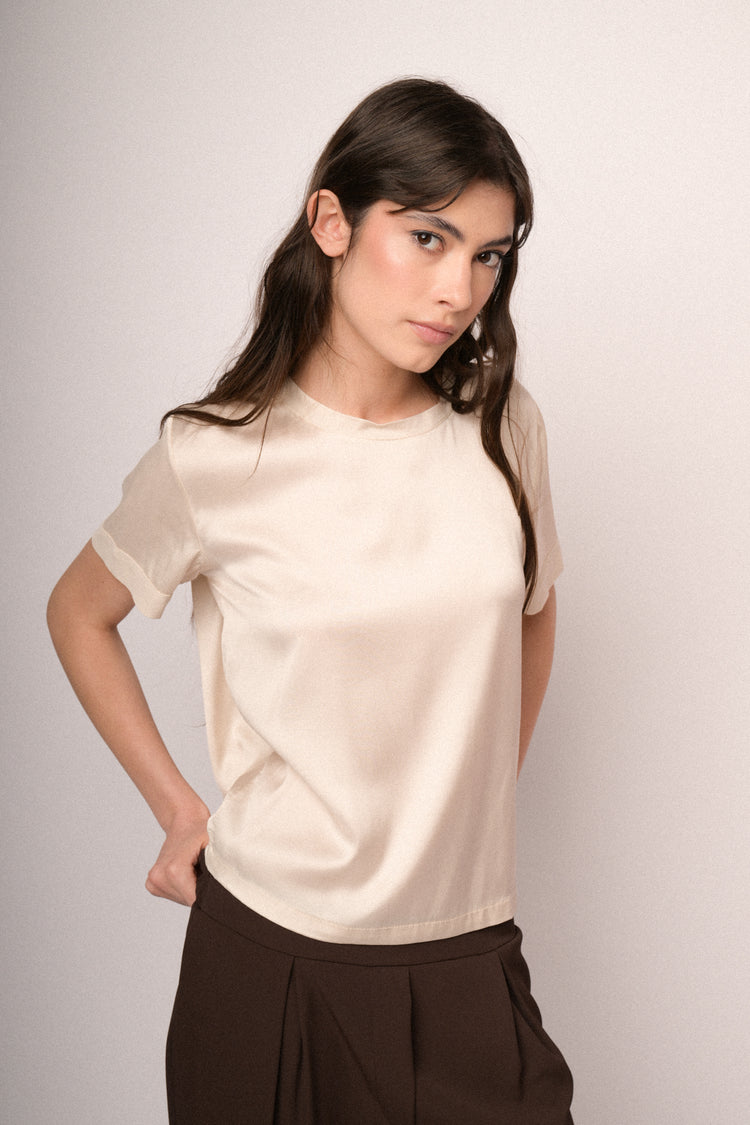 Beige viscose satin t-shirt