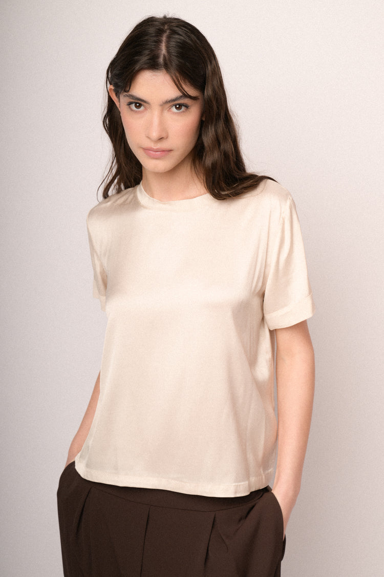 Beige viscose satin t-shirt