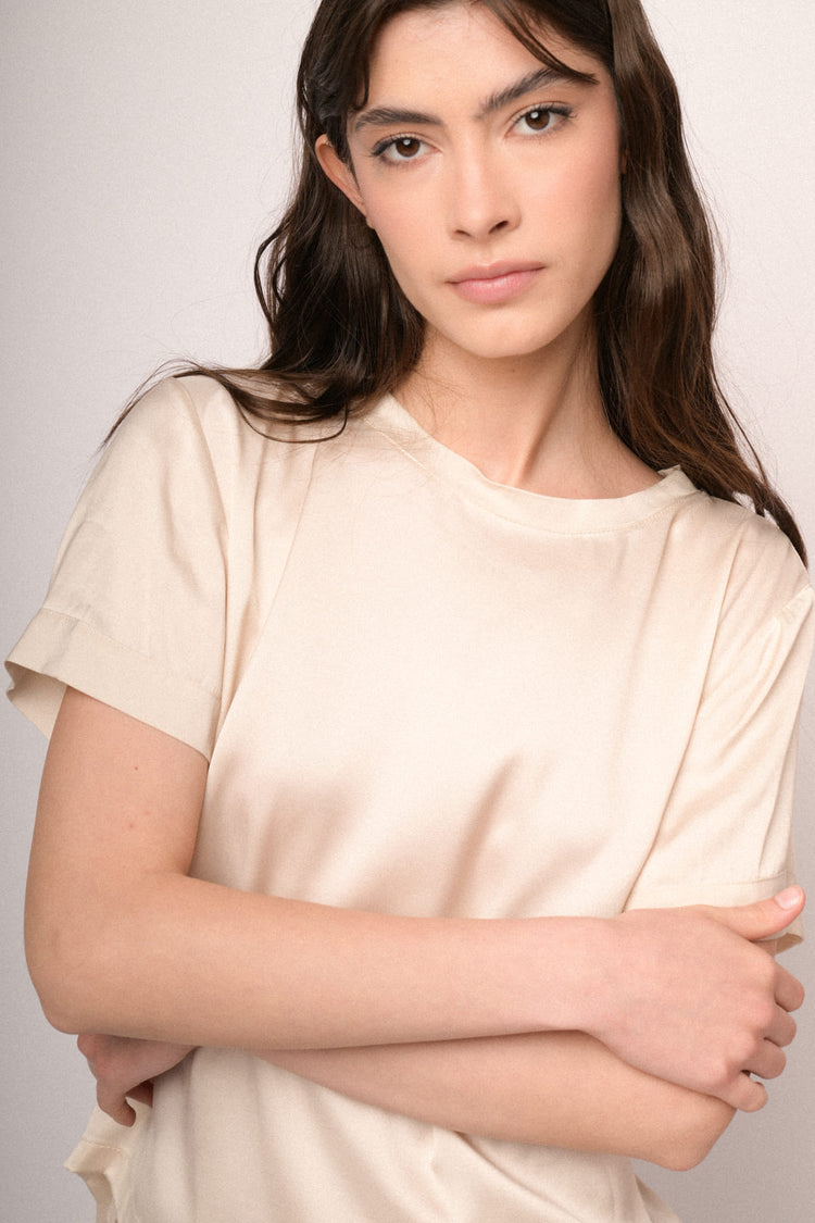 Beige viscose satin t-shirt