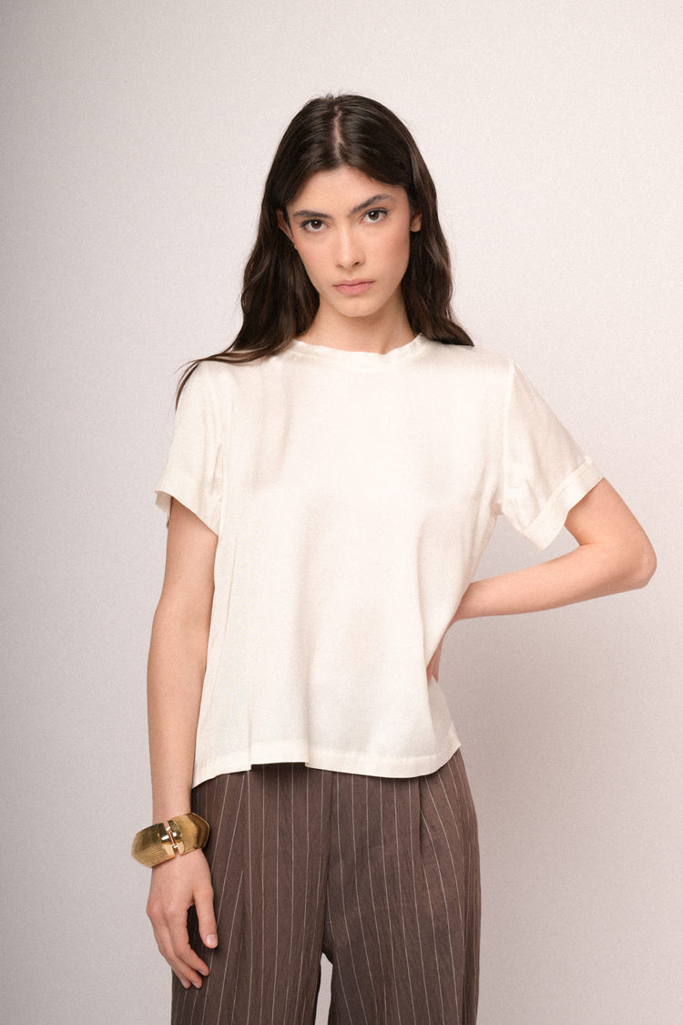 White viscose satin t-shirt