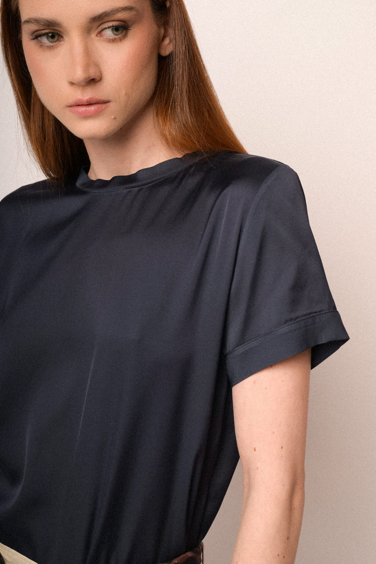 Blue viscose satin t-shirt