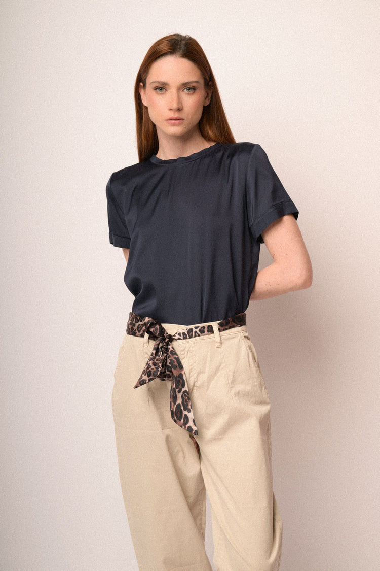 Blue viscose satin t-shirt
