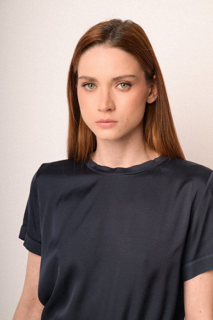 Blue viscose satin t-shirt