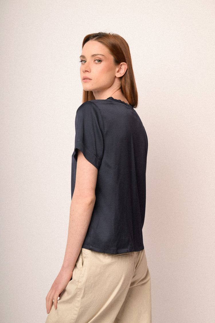 Blue viscose satin t-shirt