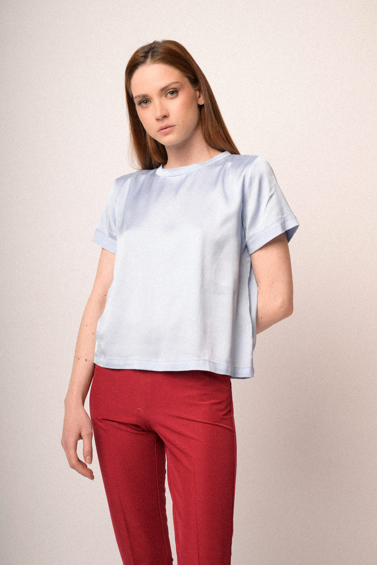 Sky blue viscose satin t-shirt