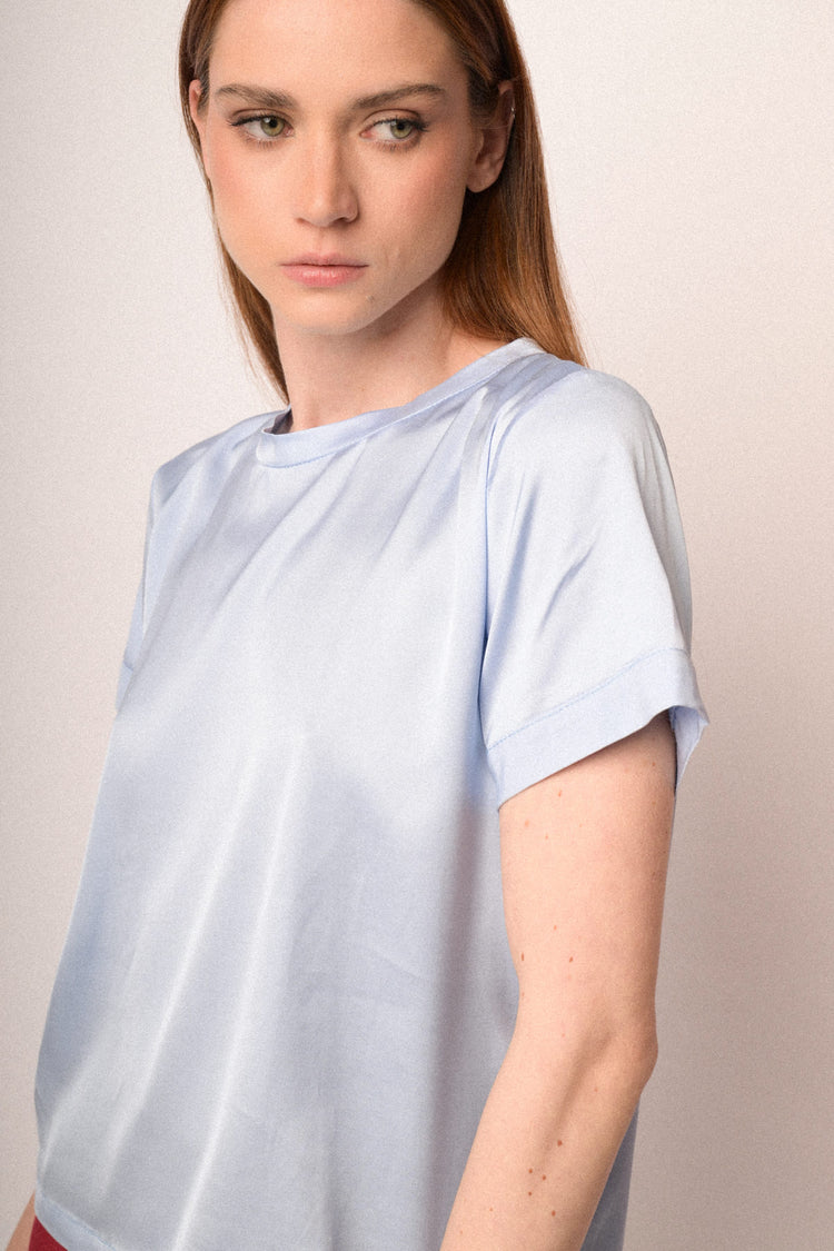 Sky blue viscose satin t-shirt