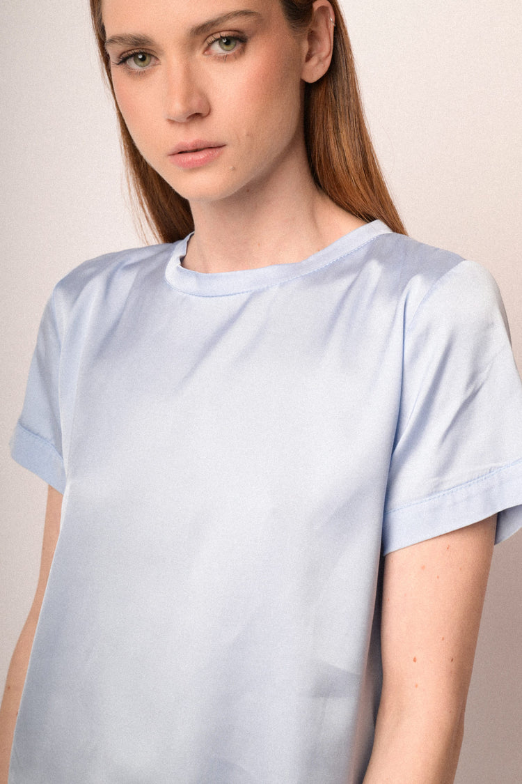 Sky blue viscose satin t-shirt