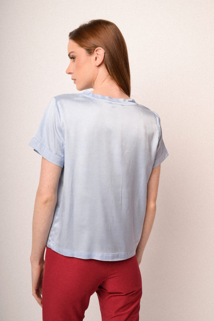 Sky blue viscose satin t-shirt