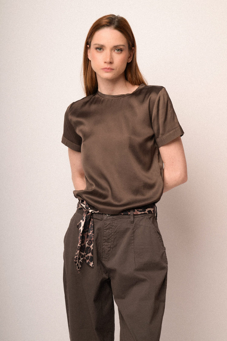 Chocolate viscose satin t-shirt