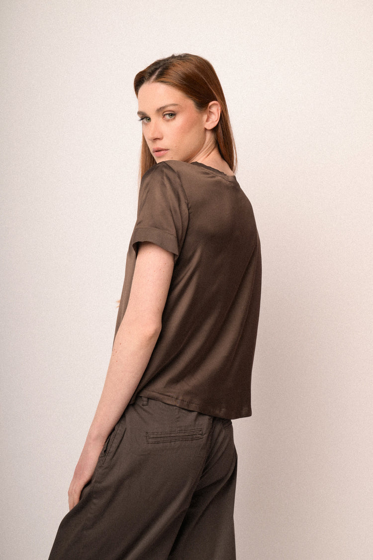 Chocolate viscose satin t-shirt