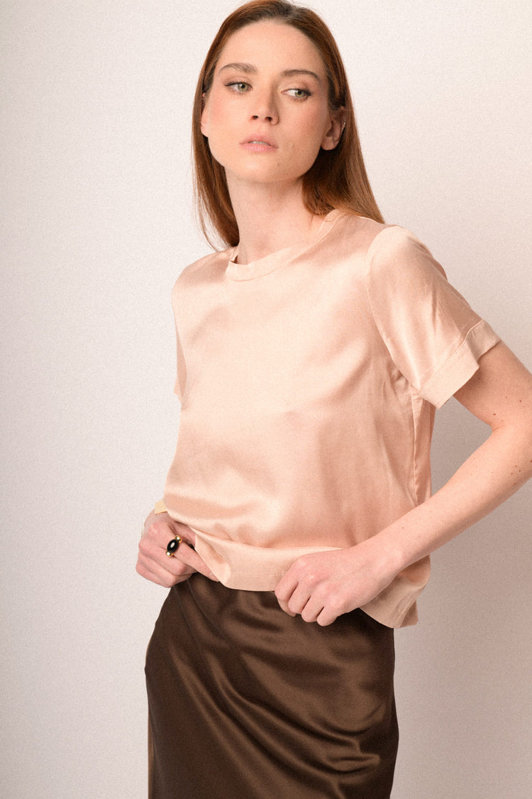 Pink viscose satin t-shirt